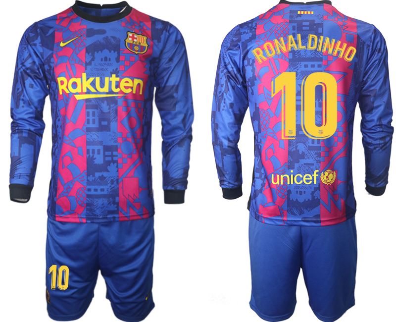 Men 2021-2022 Club Barcelona Second away blue Long Sleeve #10 Soccer Jersey->barcelona jersey->Soccer Club Jersey